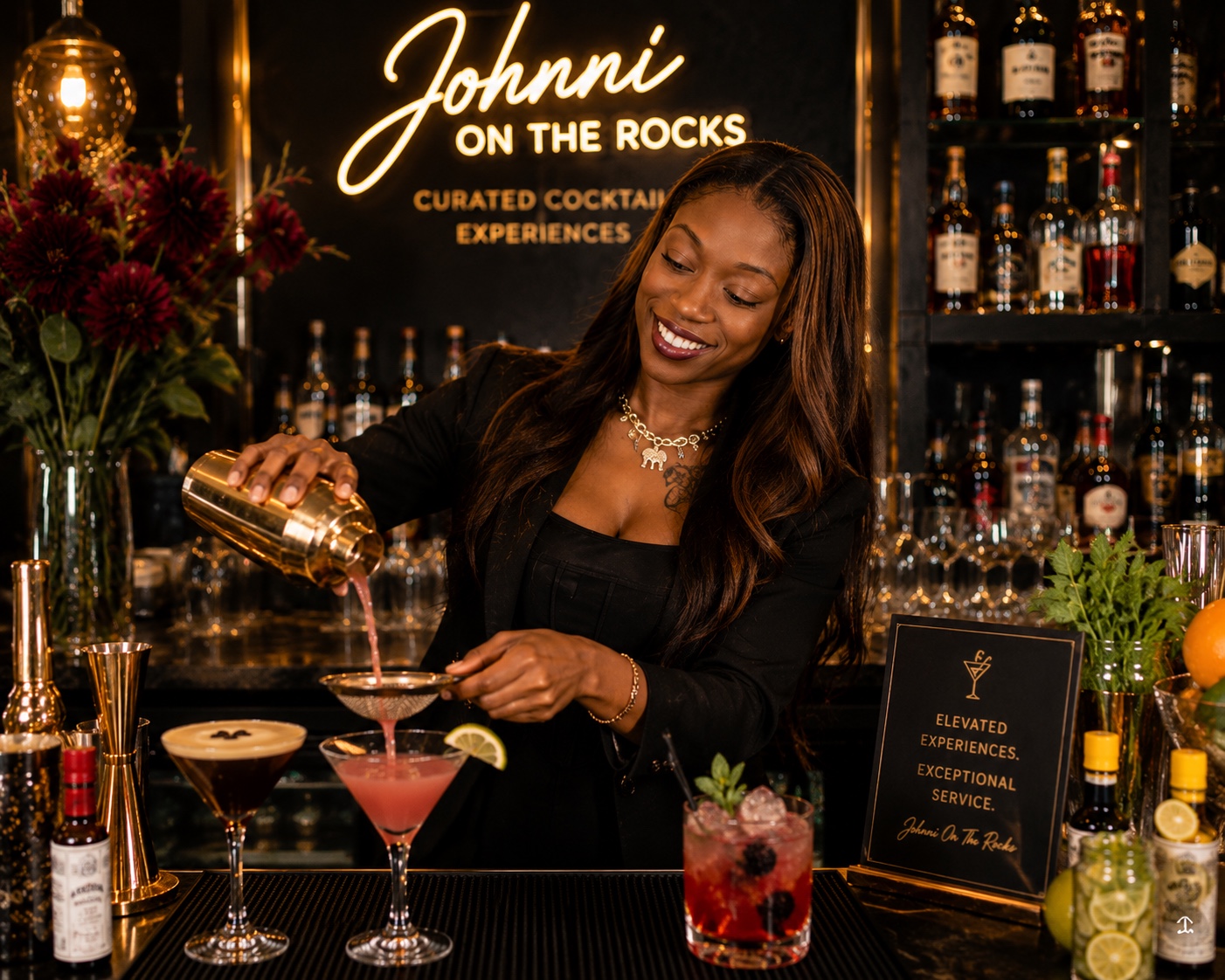 Johnni preparing a signature cocktail behind an elegant bar